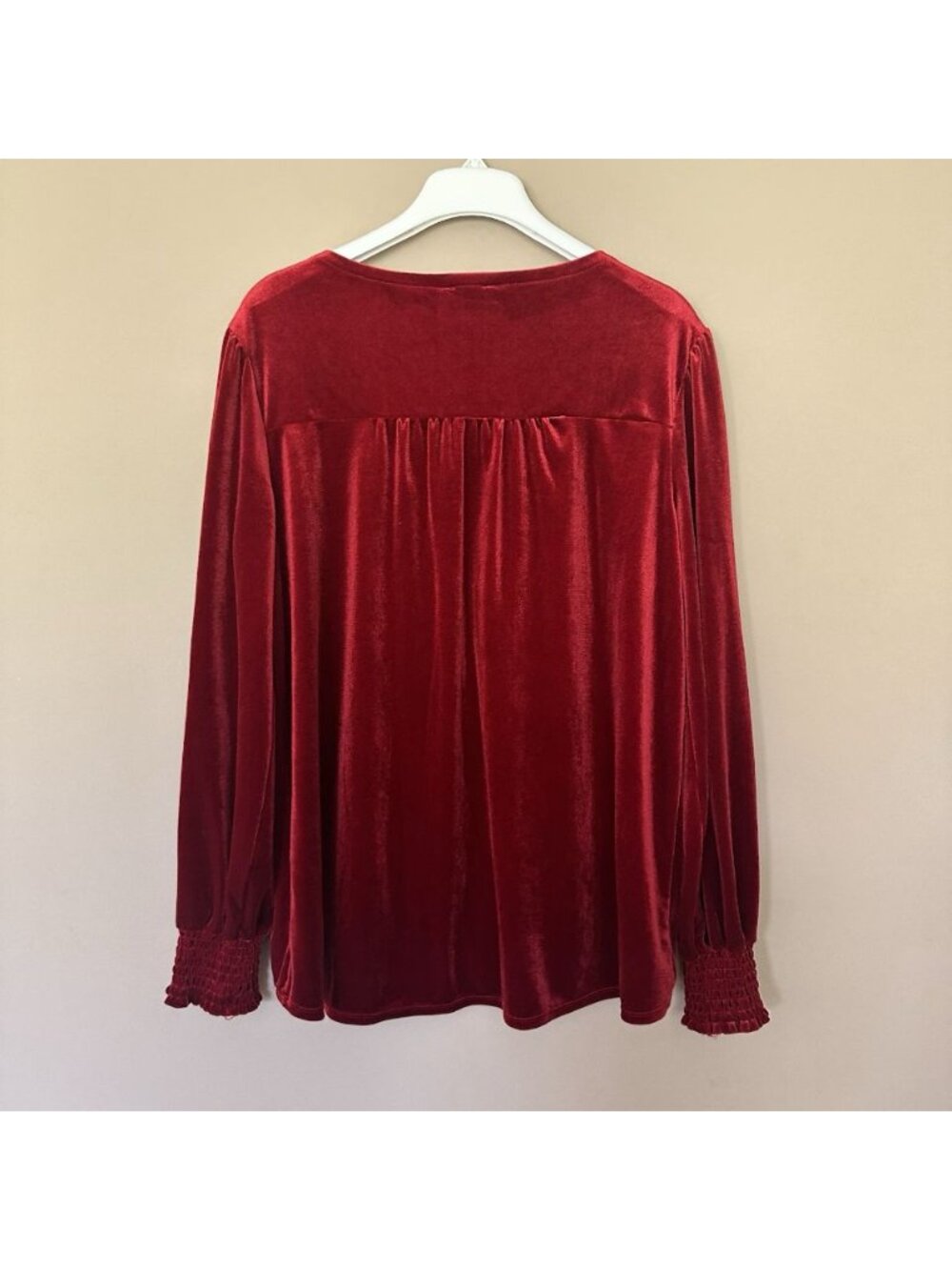 Wonderly L Red Velvet Long Sleeve Top Smocked Cuff Festive Feminine Fall Winter - Picture 7 of 8